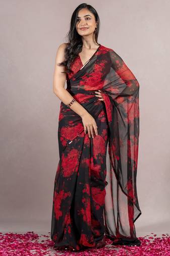 Black Georgette Floral Print Sequinns Lace Saree With Unstitched Blouse Piece