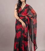 Black Georgette Floral Print Sequinns Lace Saree With Unstitched Blouse Piece