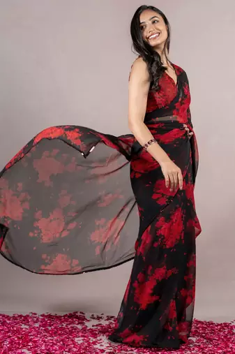 Black Georgette Floral Print Sequinns Lace Saree With Unstitched Blouse Piece