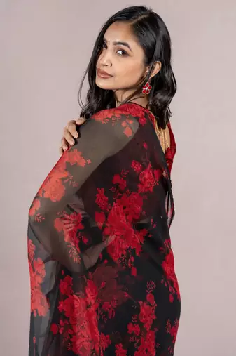 Black Georgette Floral Print Sequinns Lace Saree With Unstitched Blouse Piece