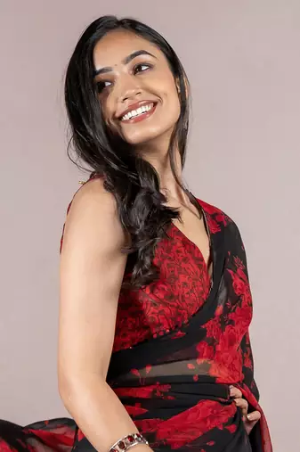 Black Georgette Floral Print Sequinns Lace Saree With Unstitched Blouse Piece