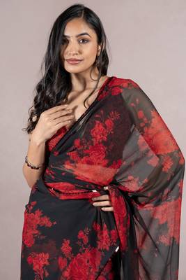 Black Georgette Floral Print Sequinns Lace Saree With Unstitched Blouse Piece 5