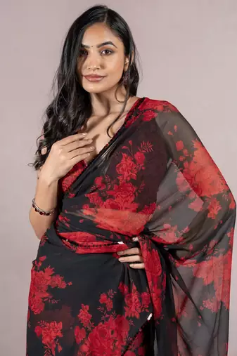 Black Georgette Floral Print Sequinns Lace Saree With Unstitched Blouse Piece