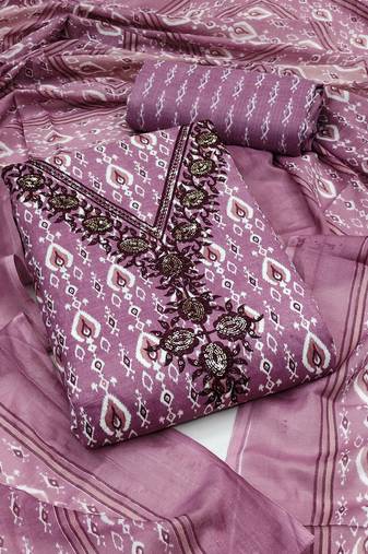 Manvaa women's purple unstitched designer printed work printed dupatta and bottom cotton dress material 