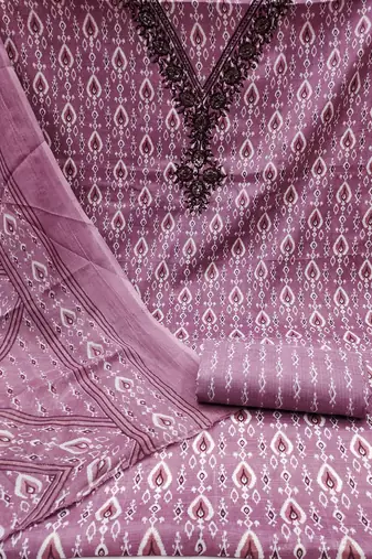 Manvaa women's purple designer printed work printed dupatta and bottom cotton dress material