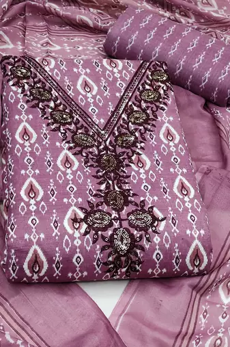 Manvaa women's purple designer printed work printed dupatta and bottom cotton dress material
