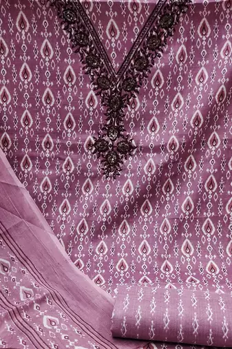 Manvaa women's purple designer printed work printed dupatta and bottom cotton dress material