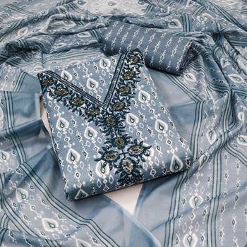 Manvaa women's gery designer printed work printed dupatta and bottom cotton dress material 1