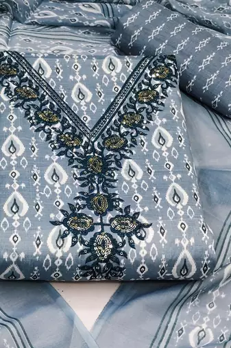 Manvaa women's gery designer printed work printed dupatta and bottom cotton dress material