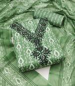 Manvaa women's green unstitched designer printed work printed dupatta and bottom cotton dress material 