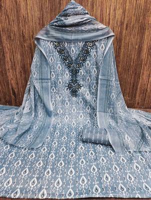 Manvaa women's gery designer printed work printed dupatta and bottom cotton dress material 5