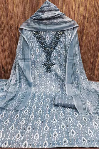 Manvaa women's gery designer printed work printed dupatta and bottom cotton dress material