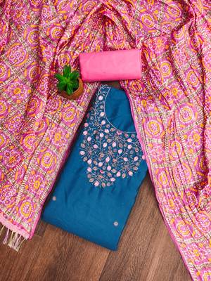 Manvaa women's teal blue designer embrodiery neck work cotton dress material 1