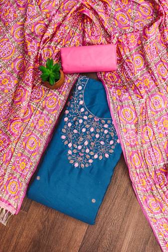 Manvaa women's teal blue unstitched designer embrodiery neck work cotton dress material 