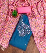 Manvaa women's teal blue unstitched designer embrodiery neck work cotton dress material 