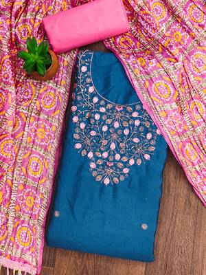 Manvaa women's teal blue designer embrodiery neck work cotton dress material 3
