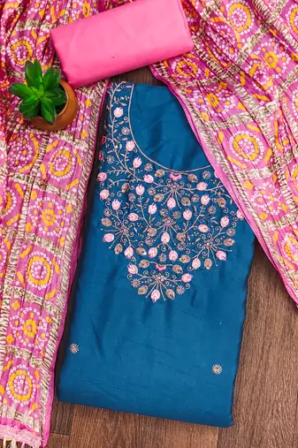 Manvaa women's teal blue designer embrodiery neck work cotton dress material
