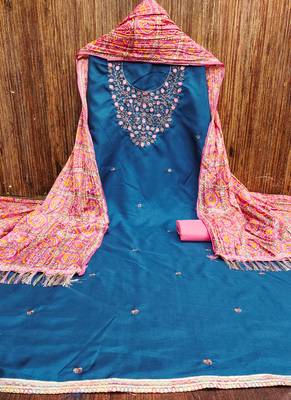 Manvaa women's teal blue designer embrodiery neck work cotton dress material 5