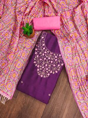 Manvaa women's purple designer embrodiery neck work cotton dress material 1