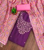 Manvaa women's purple unstitched designer embrodiery neck work cotton dress material 