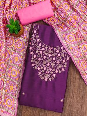 Manvaa women's purple designer embrodiery neck work cotton dress material 3