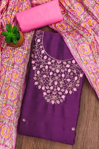 Manvaa women's purple designer embrodiery neck work cotton dress material