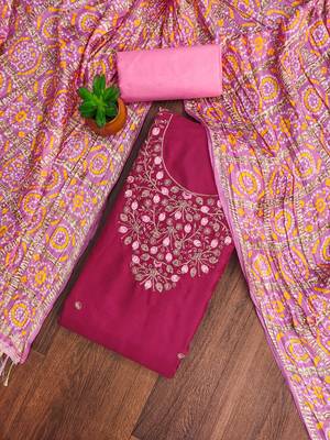 Manvaa women's magenta designer embrodiery neck work dress material 1