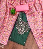 Manvaa women's green unstitched designer embrodiery neck work cotton dress material 