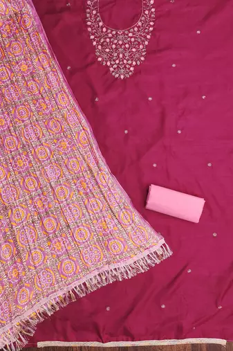 Manvaa women's magenta designer embrodiery neck work dress material