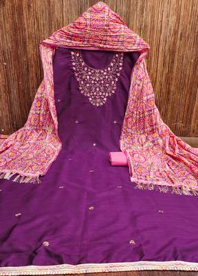 Manvaa women's purple designer embrodiery neck work cotton dress material 5