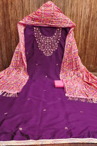 Manvaa women's purple designer embrodiery neck work cotton dress material