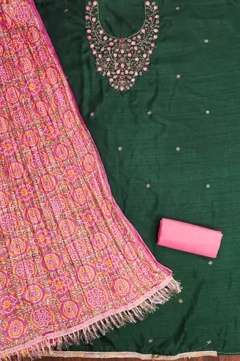 Manvaa women's green designer embrodiery neck work cotton dress material