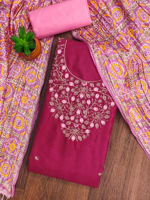 Manvaa women's magenta designer embrodiery neck work dress material 3