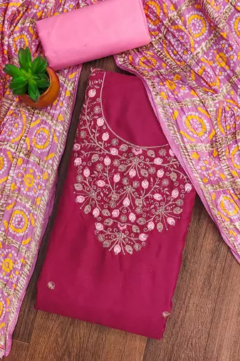 Manvaa women's magenta designer embrodiery neck work dress material