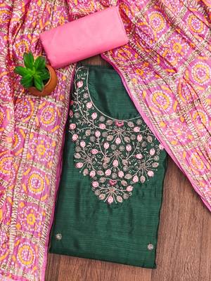 Manvaa women's green designer embrodiery neck work cotton dress material 3