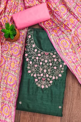 Manvaa women's green designer embrodiery neck work cotton dress material