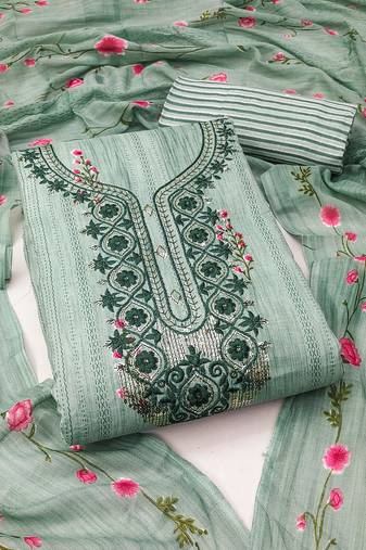 Manvaa women's sea green unstitched designer sequence embrodiery neck work cotton dress material 