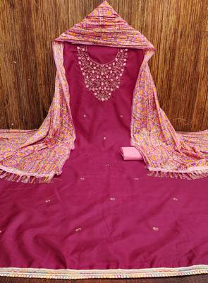 Manvaa women's magenta designer embrodiery neck work dress material 5
