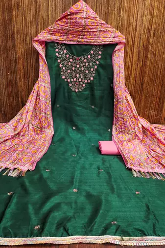 Manvaa women's green designer embrodiery neck work cotton dress material