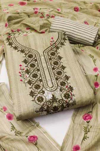 Manvaa women's light green unstitched designer sequence embrodiery neck work cotton dress material 