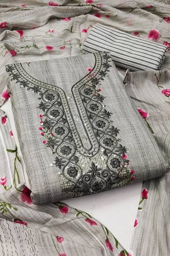 Manvaa women's grey unstitched designer sequence embrodiery neck work cotton dress material 