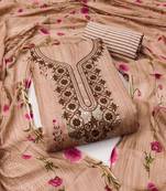 Manvaa women's beige designer sequence embrodiery neck work cotton dress material