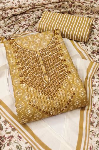 Manvaa women's yellow unstitched designer printed work cotton dress material 