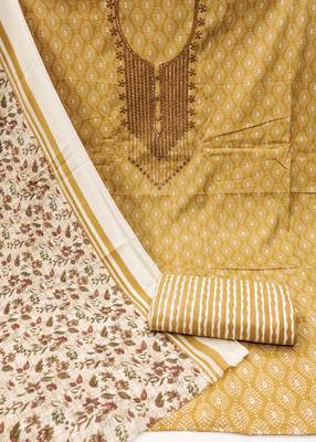 Manvaa women's yellow designer printed work cotton dress material 2