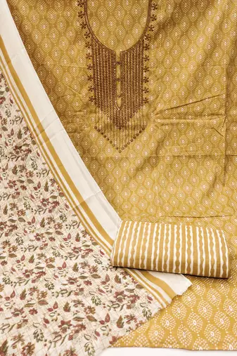 Manvaa women's yellow designer printed work cotton dress material