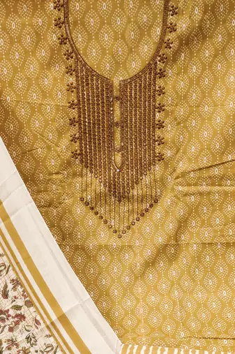 Manvaa women's yellow designer printed work cotton dress material