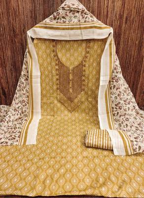 Manvaa women's yellow designer printed work cotton dress material 5