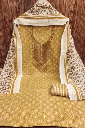 Manvaa women's yellow designer printed work cotton dress material