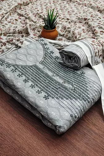 Manvaa women's grey designer printed work cotton dress material