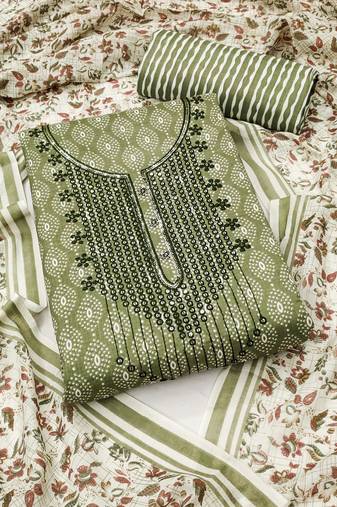 Manvaa women's green unstitched designer printed work cotton dress material 